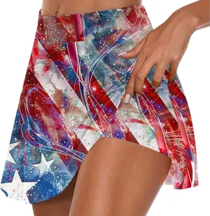 4th of July Skort Patriotic Skirts for Women American Flag Tennis Skirts with Shorts High Waisted Flowy Summer Skorts