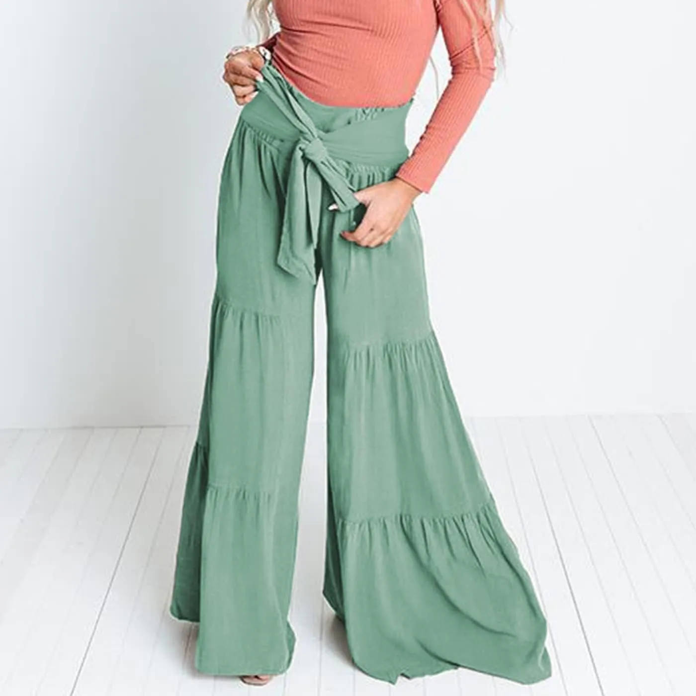 Arssm Women Wide Leg Pants High Waist Dressy Bow Tie Pant Work Business Casual Trousers
