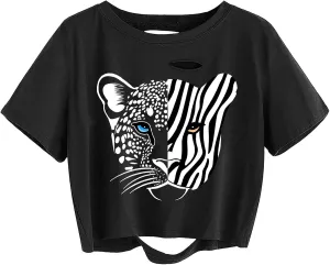 Avanova Women Skull Finger Graphic Distressed Tee Shirt Ripped Short Sleeve Crop Tops
