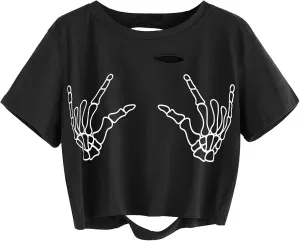 Avanova Women Skull Finger Graphic Distressed Tee Shirt Ripped Short Sleeve Crop Tops