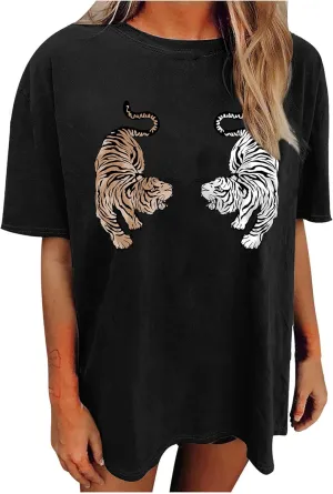 Avanova Women Tigers Graphic Oversized Tee Top Short Sleeve Loose Crewneck Summer T-Shirt