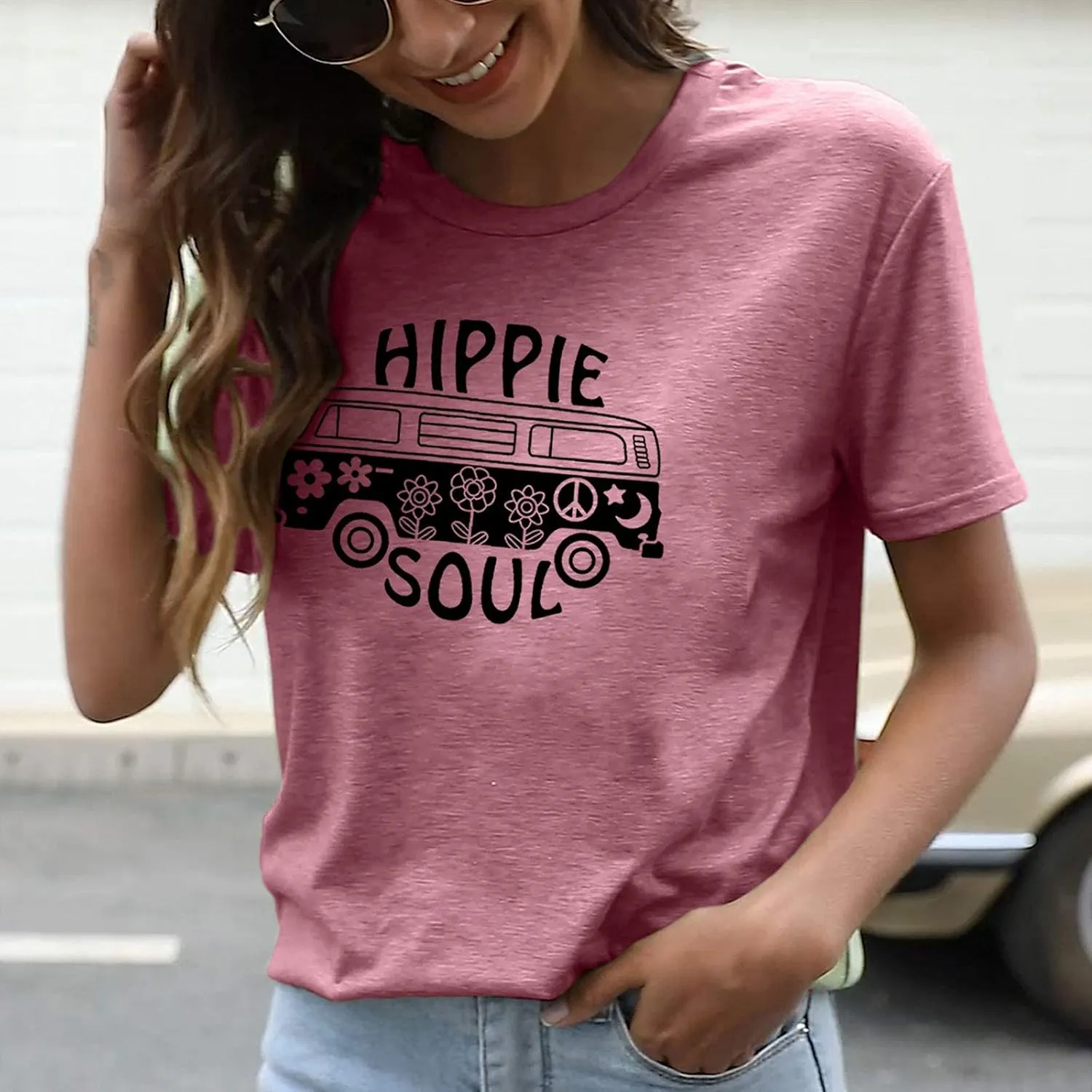 BLANCHES Women Summer Tops Vintage Graphic Tee Hippy Soul Tops Crew Neck Short Sleeve Casual Tees
