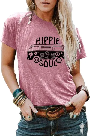 BLANCHES Women Summer Tops Vintage Graphic Tee Hippy Soul Tops Crew Neck Short Sleeve Casual Tees