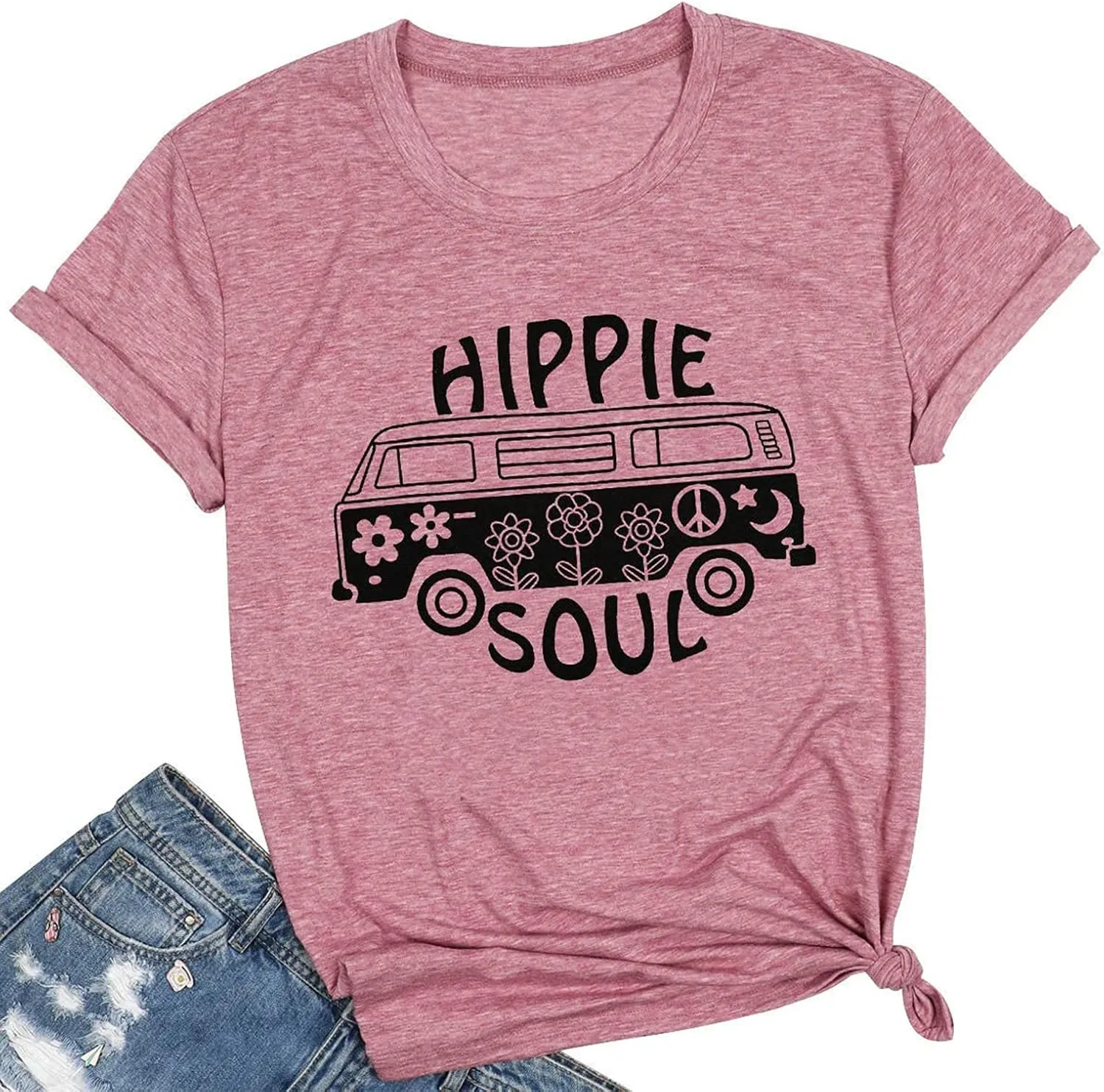 BLANCHES Women Summer Tops Vintage Graphic Tee Hippy Soul Tops Crew Neck Short Sleeve Casual Tees