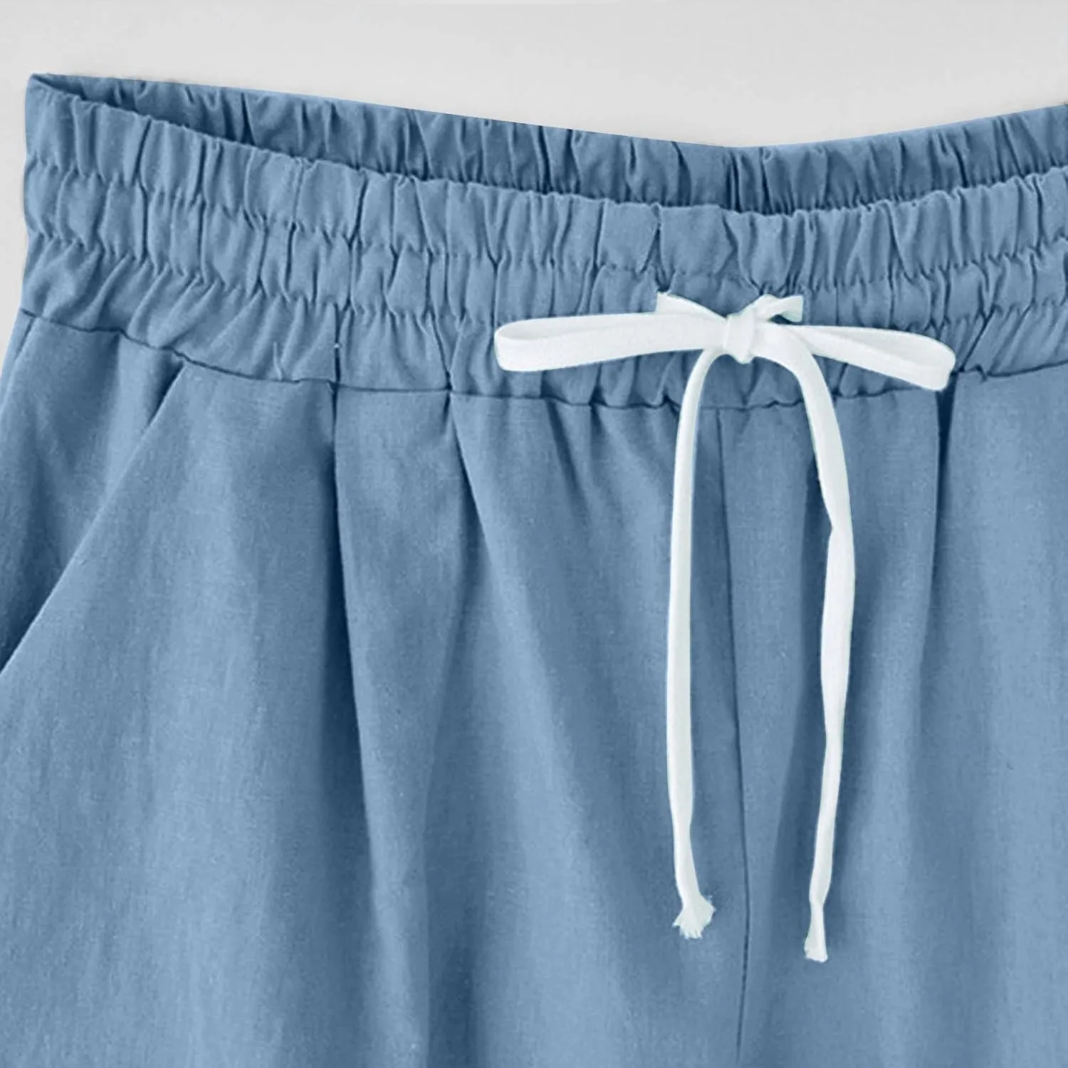 Capri Pants for Women Striped Linen Capris Comfort Plus Size Pants Elastic High Waisted Drawstring Rolled Hem Shorts
