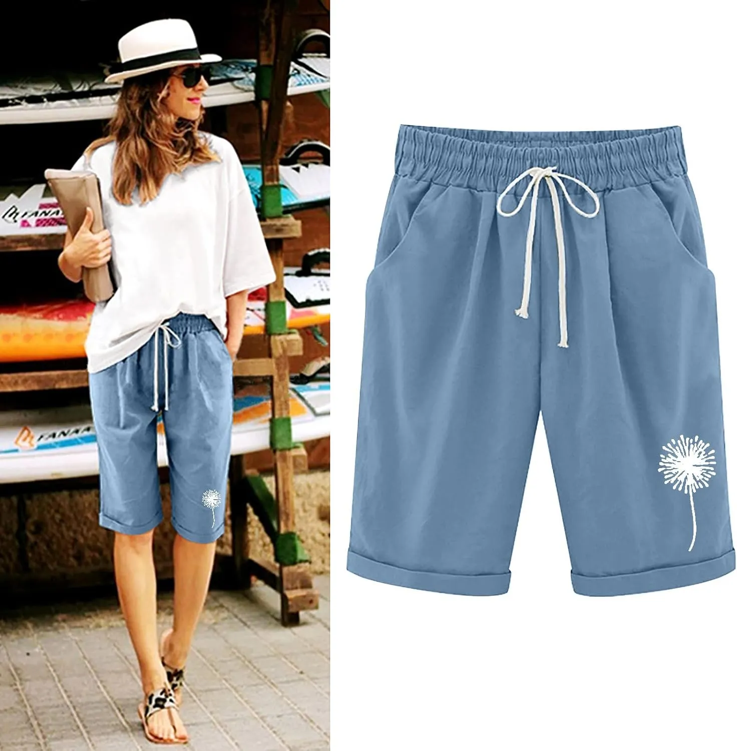 Capri Pants for Women Striped Linen Capris Comfort Plus Size Pants Elastic High Waisted Drawstring Rolled Hem Shorts