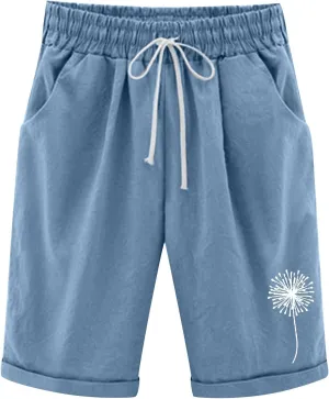 Capri Pants for Women Striped Linen Capris Comfort Plus Size Pants Elastic High Waisted Drawstring Rolled Hem Shorts
