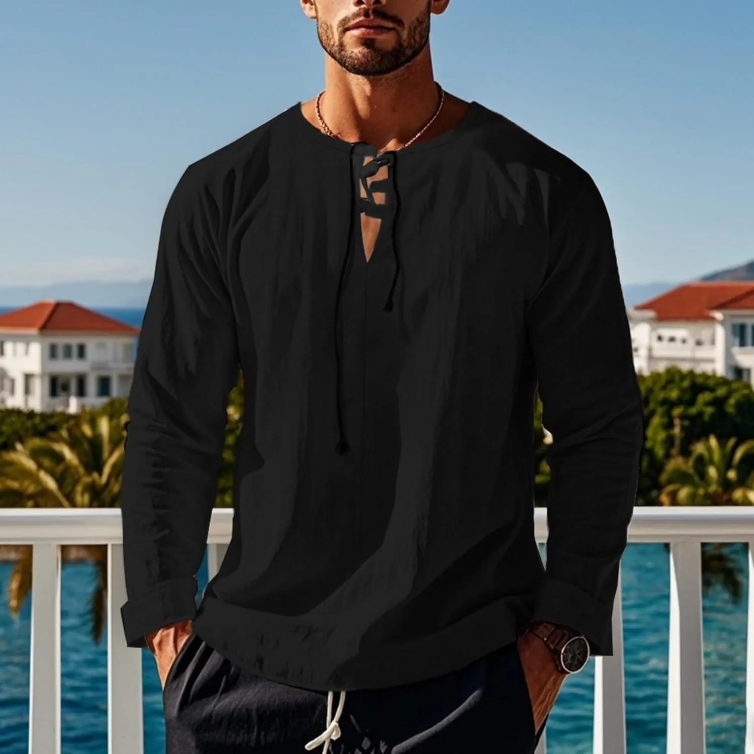 Cotton Linen Shirts Men V Neck Lace Up Long Sleeve Solid Color Drawstring Renaissance Loose Summer Casual Tops
