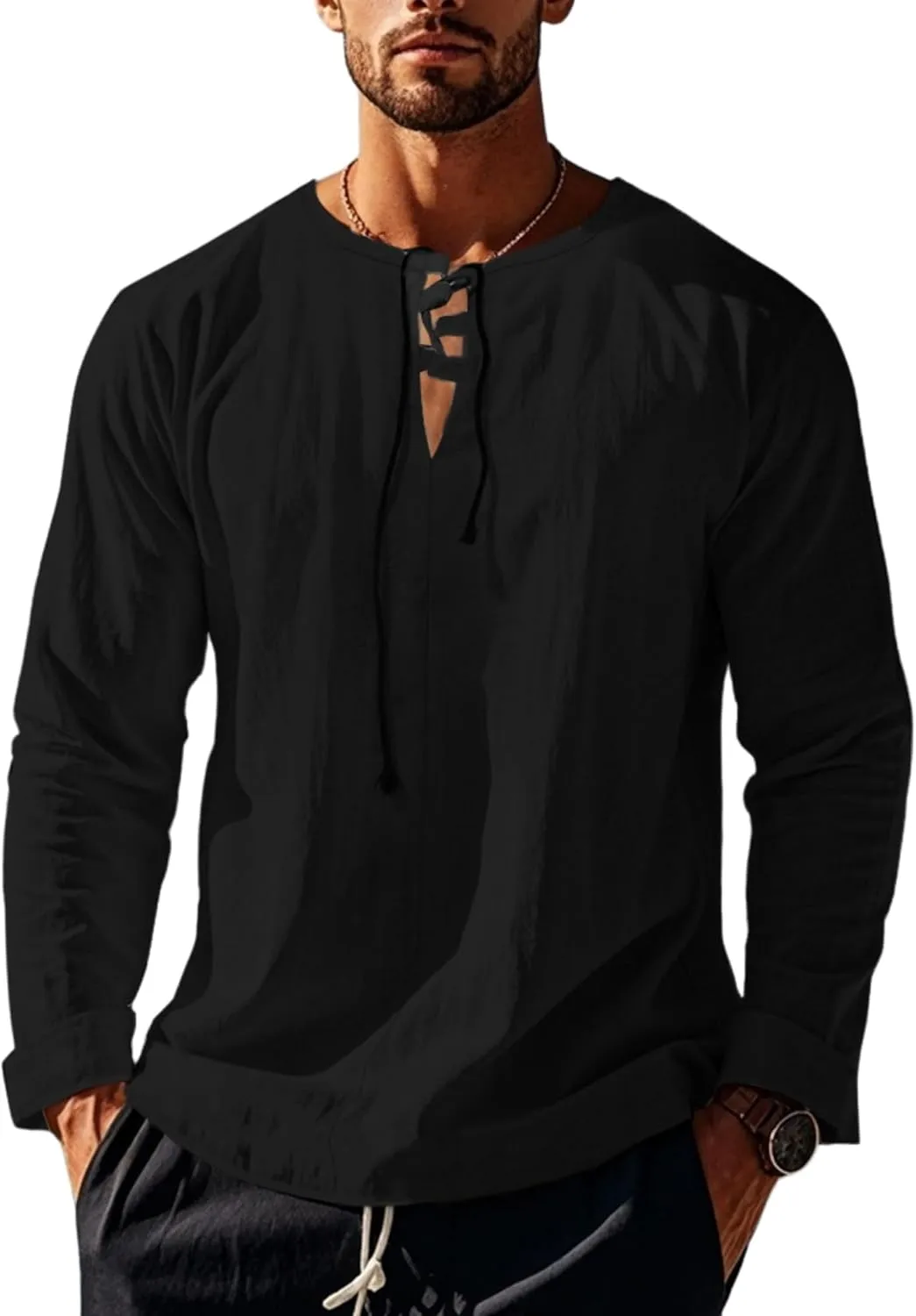 Cotton Linen Shirts Men V Neck Lace Up Long Sleeve Solid Color Drawstring Renaissance Loose Summer Casual Tops