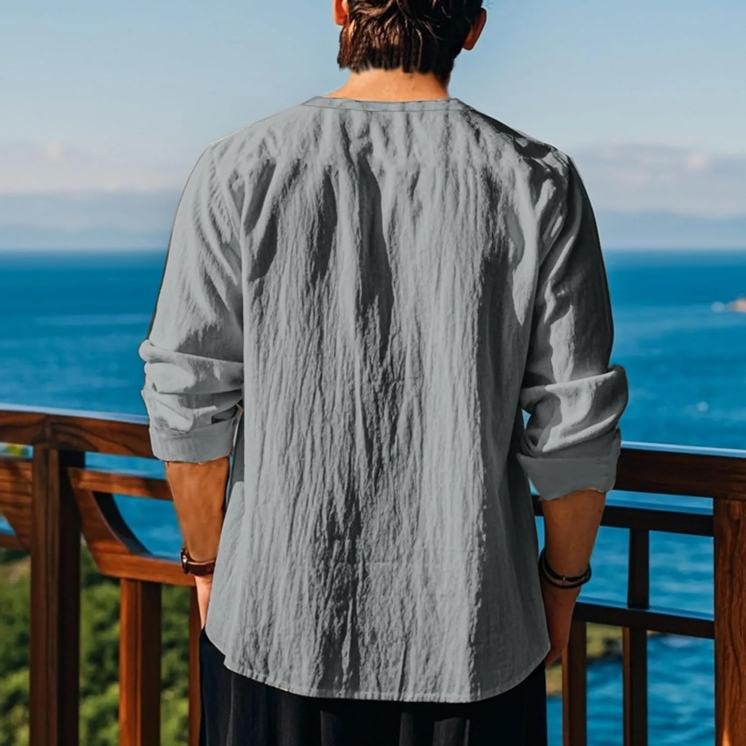 Cotton Linen Shirts Men V Neck Lace Up Long Sleeve Solid Color Drawstring Renaissance Loose Summer Casual Tops