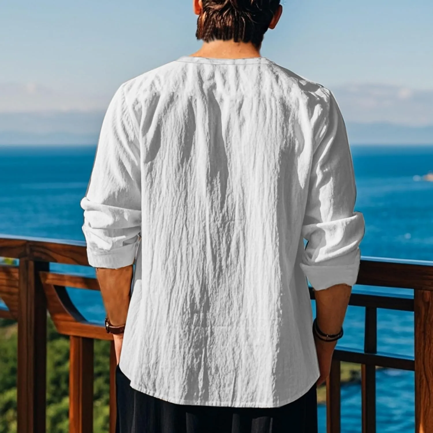 Cotton Linen Shirts Men V Neck Lace Up Long Sleeve Solid Color Drawstring Renaissance Loose Summer Casual Tops