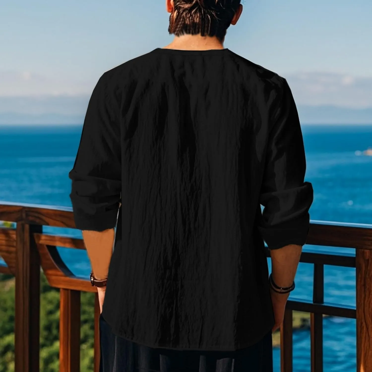 Cotton Linen Shirts Men V Neck Lace Up Long Sleeve Solid Color Drawstring Renaissance Loose Summer Casual Tops
