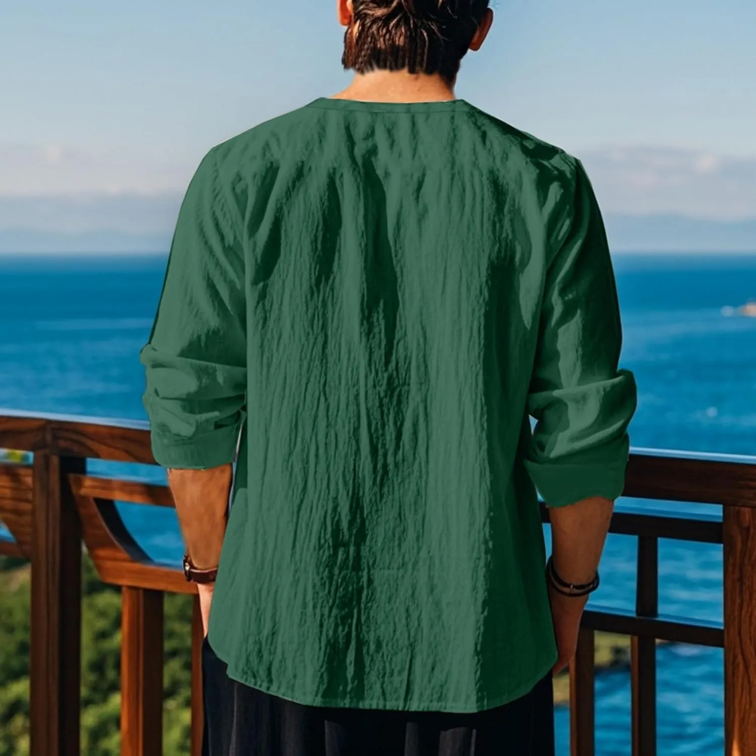 Cotton Linen Shirts Men V Neck Lace Up Long Sleeve Solid Color Drawstring Renaissance Loose Summer Casual Tops