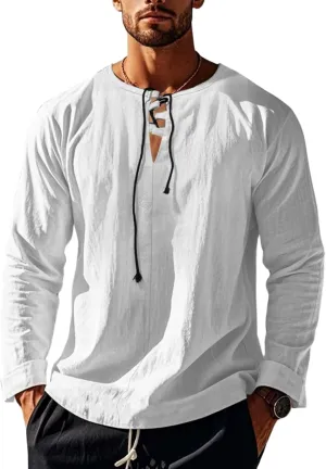 Cotton Linen Shirts Men V Neck Lace Up Long Sleeve Solid Color Drawstring Renaissance Loose Summer Casual Tops