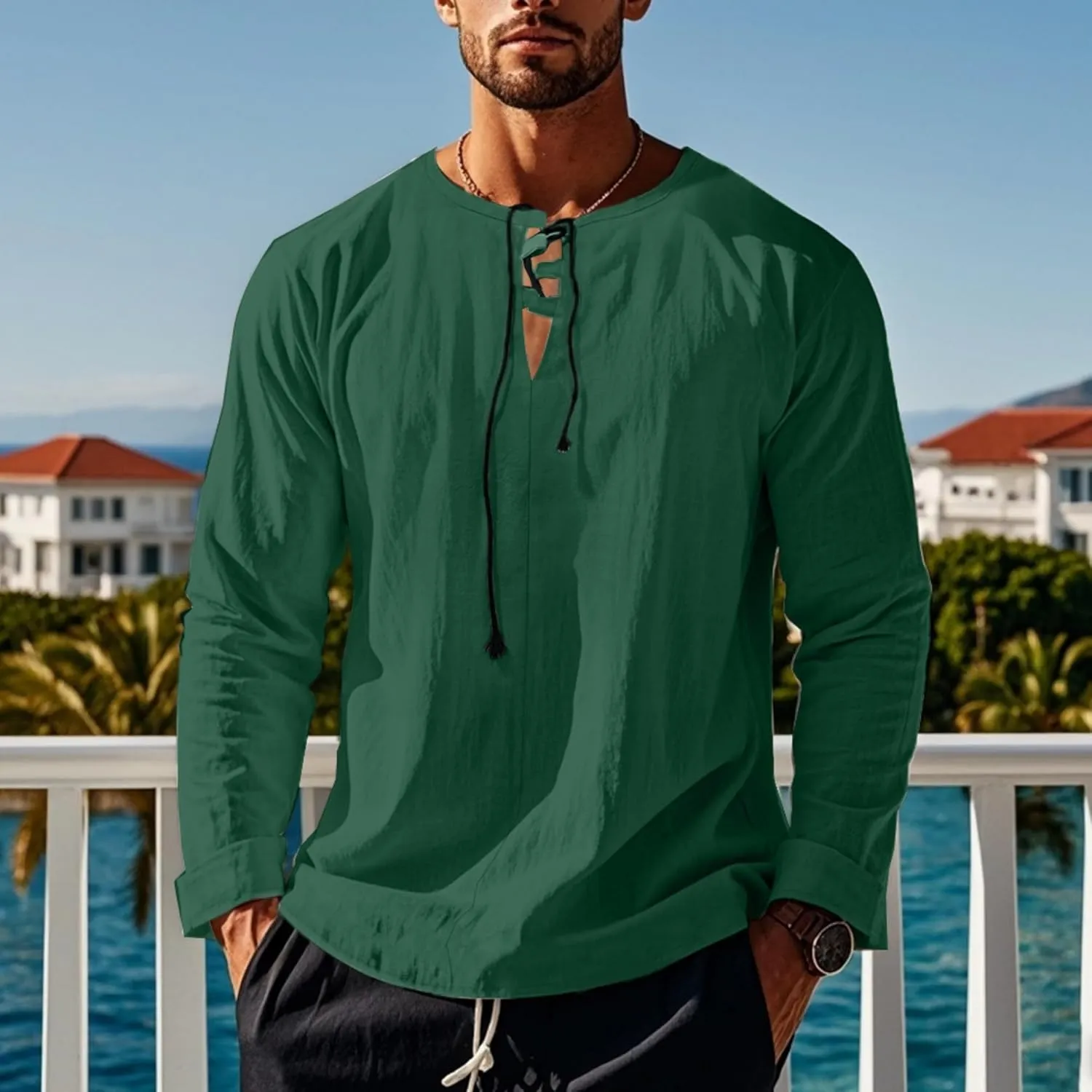Cotton Linen Shirts Men V Neck Lace Up Long Sleeve Solid Color Drawstring Renaissance Loose Summer Casual Tops