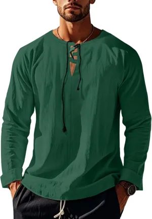 Cotton Linen Shirts Men V Neck Lace Up Long Sleeve Solid Color Drawstring Renaissance Loose Summer Casual Tops