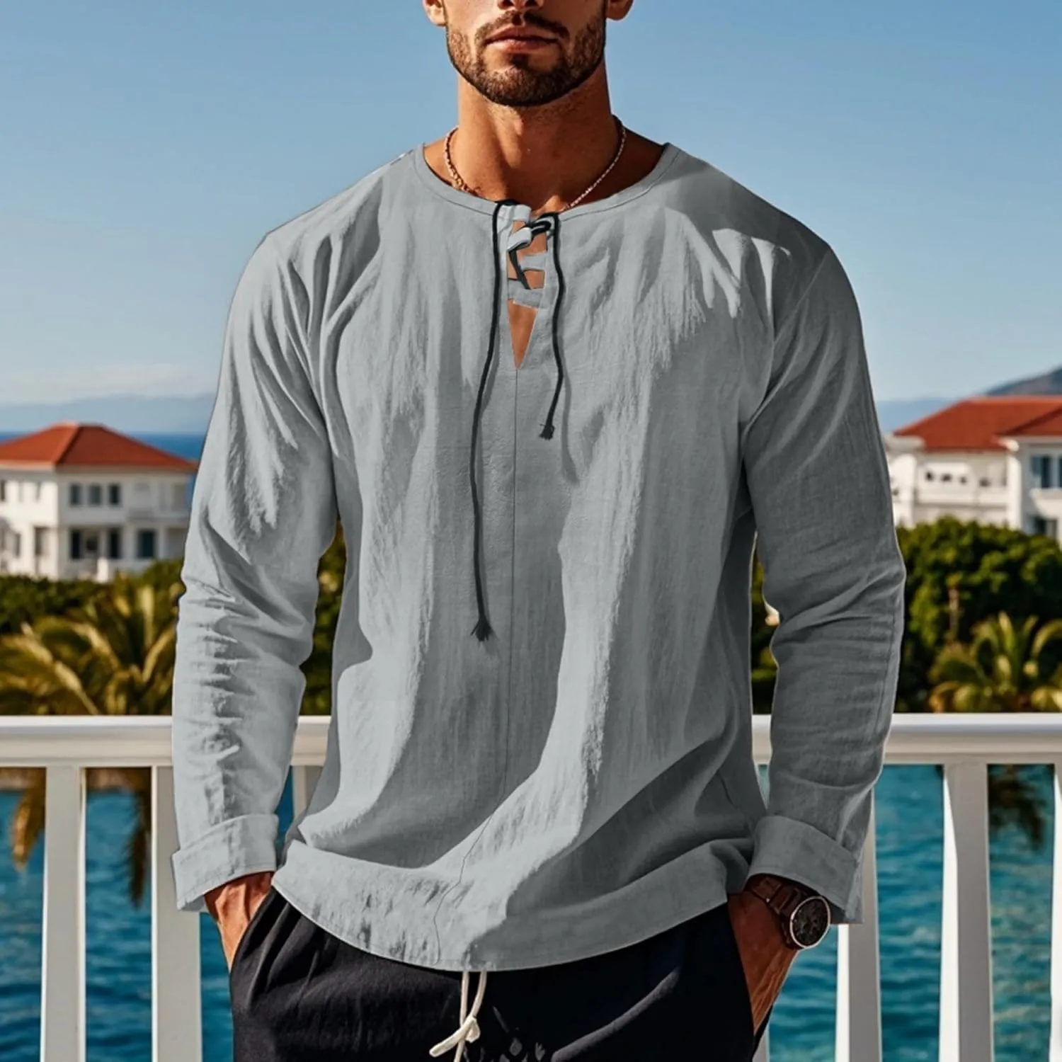 Cotton Linen Shirts Men V Neck Lace Up Long Sleeve Solid Color Drawstring Renaissance Loose Summer Casual Tops