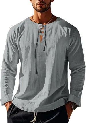 Cotton Linen Shirts Men V Neck Lace Up Long Sleeve Solid Color Drawstring Renaissance Loose Summer Casual Tops