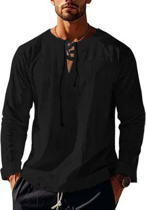 Cotton Linen Shirts Men V Neck Lace Up Long Sleeve Solid Color Drawstring Renaissance Loose Summer Casual Tops