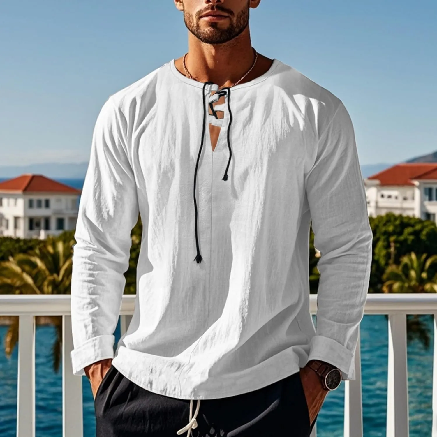 Cotton Linen Shirts Men V Neck Lace Up Long Sleeve Solid Color Drawstring Renaissance Loose Summer Casual Tops