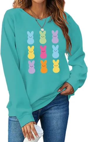 Easter Bunny Sweatshirt Women Long Sleeve Cute Rabbit Bunny Peeps Graphic Tees Happy Easter Pullover Tops