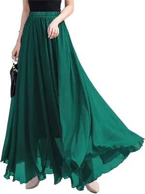 ebossy Women's High Rise Pleated Chiffon Skirt Flowy Swing Layered Ruffled Maxi Long Skirts