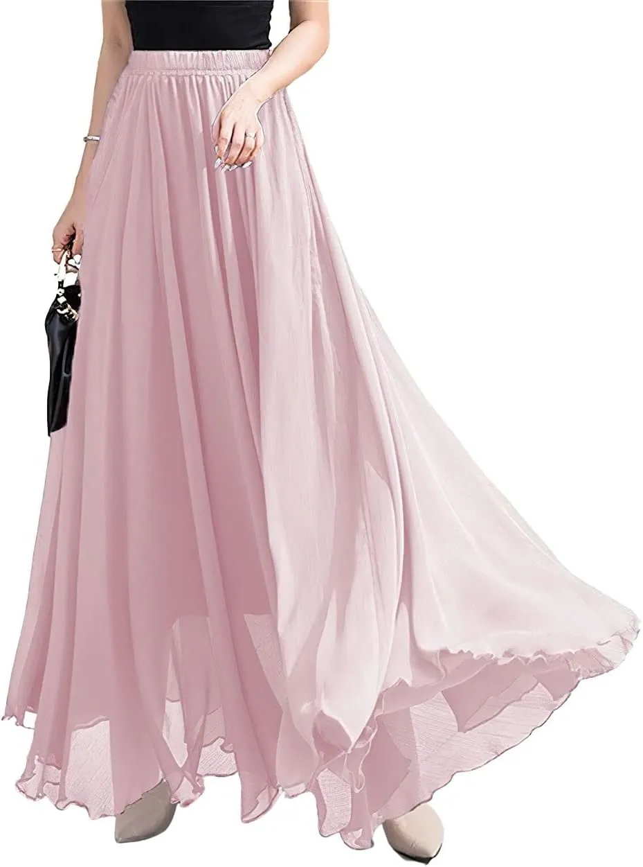 ebossy Women's High Rise Pleated Chiffon Skirt Flowy Swing Layered Ruffled Maxi Long Skirts