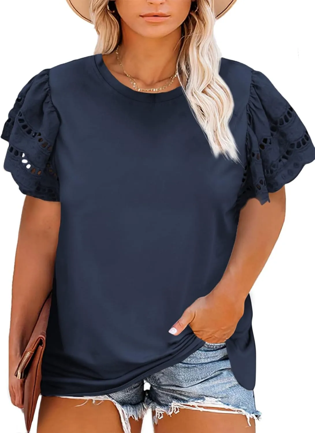Eytino Womens Plus Size Tops Short Sleeve Round Neck Hollow Out Casual Loose Tunic Tees Shirts(1X-5X)