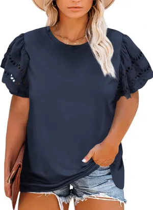 Eytino Womens Plus Size Tops Short Sleeve Round Neck Hollow Out Casual Loose Tunic Tees Shirts(1X-5X)