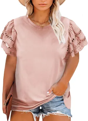 Eytino Womens Plus Size Tops Short Sleeve Round Neck Hollow Out Casual Loose Tunic Tees Shirts(1X-5X)