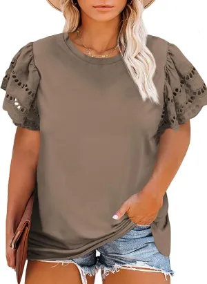 Eytino Womens Plus Size Tops Short Sleeve Round Neck Hollow Out Casual Loose Tunic Tees Shirts(1X-5X)