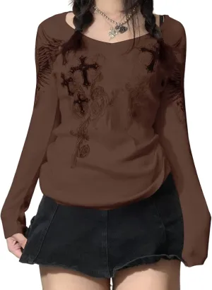 Fairy Grunge Clothes Long Sleeve Graphic Tees for Women Teen Girls Y2k Vintage Goth Top Emo Shirt 90s 2000s Clothing