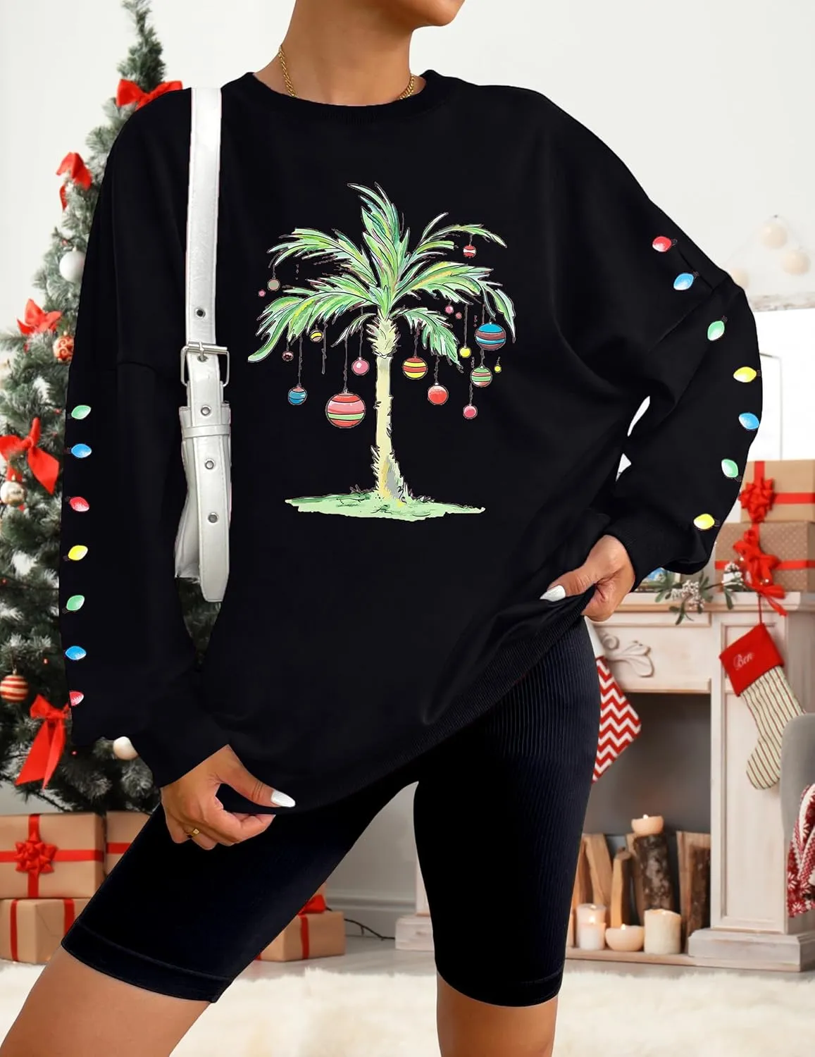 FAYALEQ Christmas Oversized Sweatshirts Women Christmas Palm tree Long Sleeve Shirt Xmas Beach Tropical Crewneck pullover