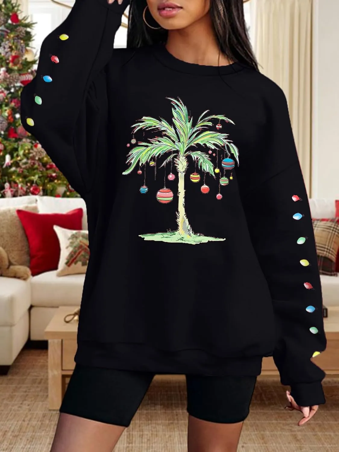 FAYALEQ Christmas Oversized Sweatshirts Women Christmas Palm tree Long Sleeve Shirt Xmas Beach Tropical Crewneck pullover
