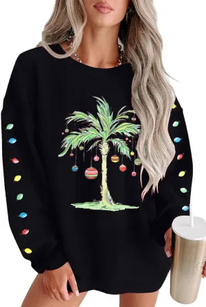 FAYALEQ Christmas Oversized Sweatshirts Women Christmas Palm tree Long Sleeve Shirt Xmas Beach Tropical Crewneck pullover