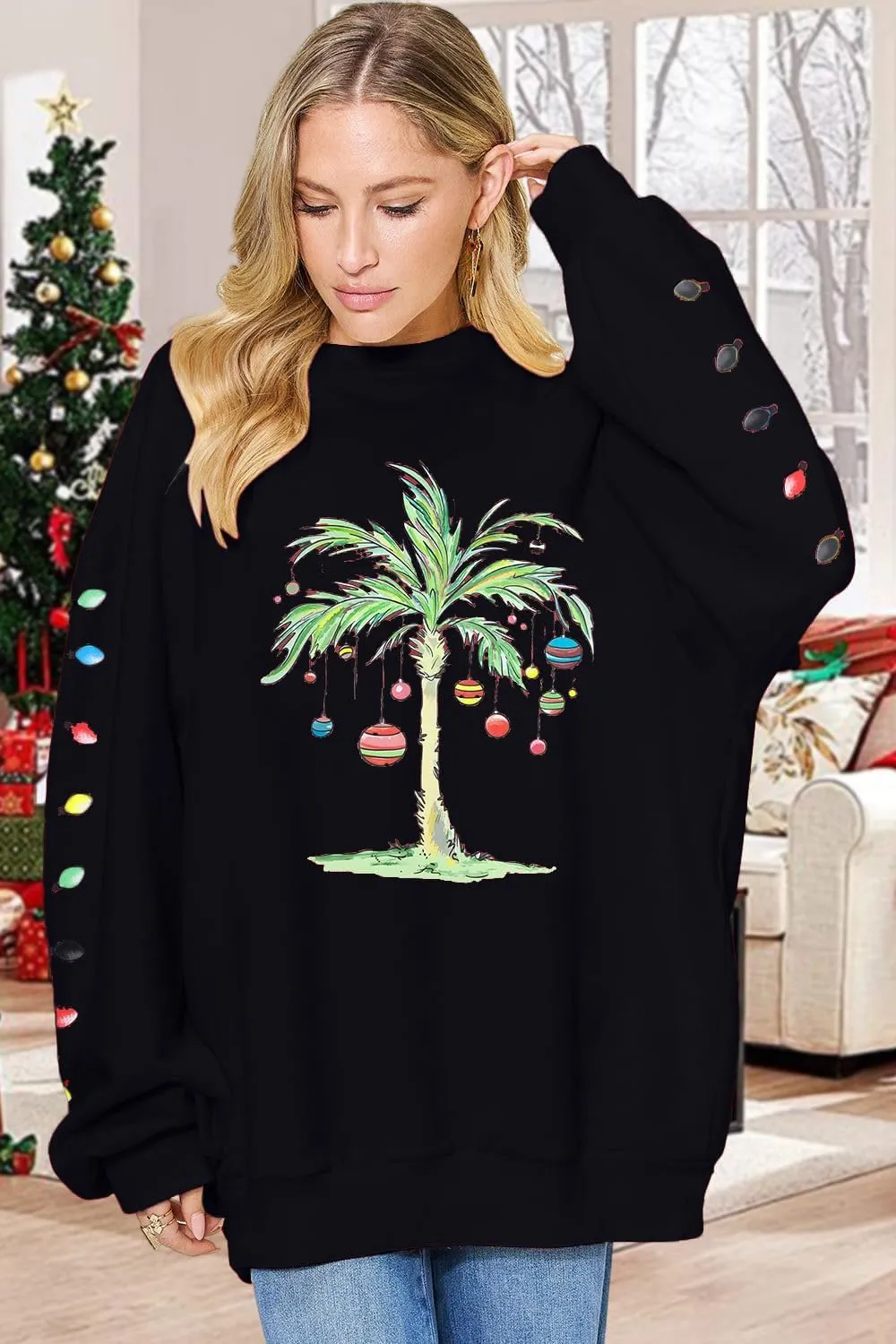FAYALEQ Christmas Oversized Sweatshirts Women Christmas Palm tree Long Sleeve Shirt Xmas Beach Tropical Crewneck pullover