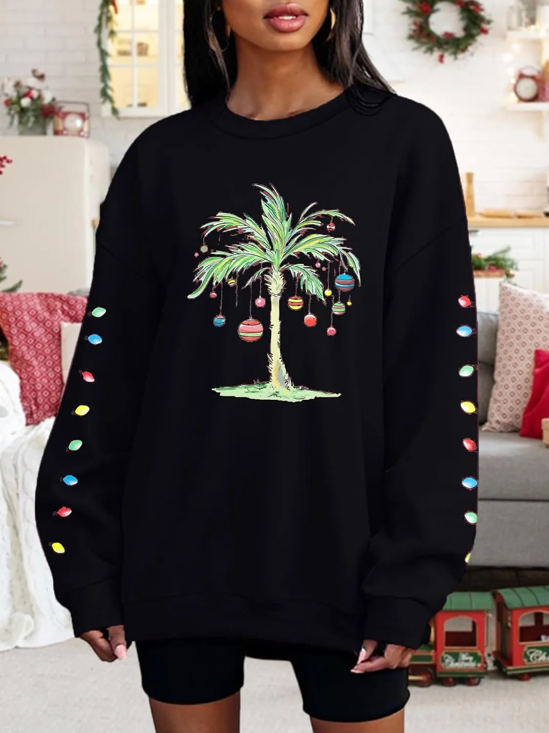 FAYALEQ Christmas Oversized Sweatshirts Women Christmas Palm tree Long Sleeve Shirt Xmas Beach Tropical Crewneck pullover