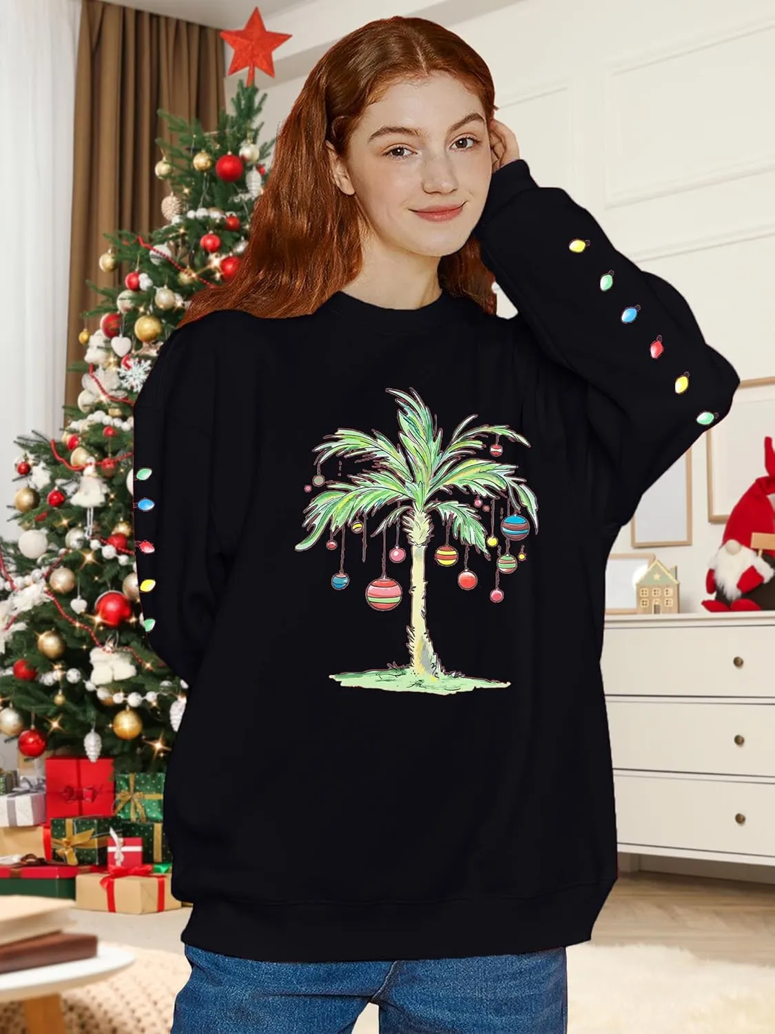 FAYALEQ Christmas Oversized Sweatshirts Women Christmas Palm tree Long Sleeve Shirt Xmas Beach Tropical Crewneck pullover