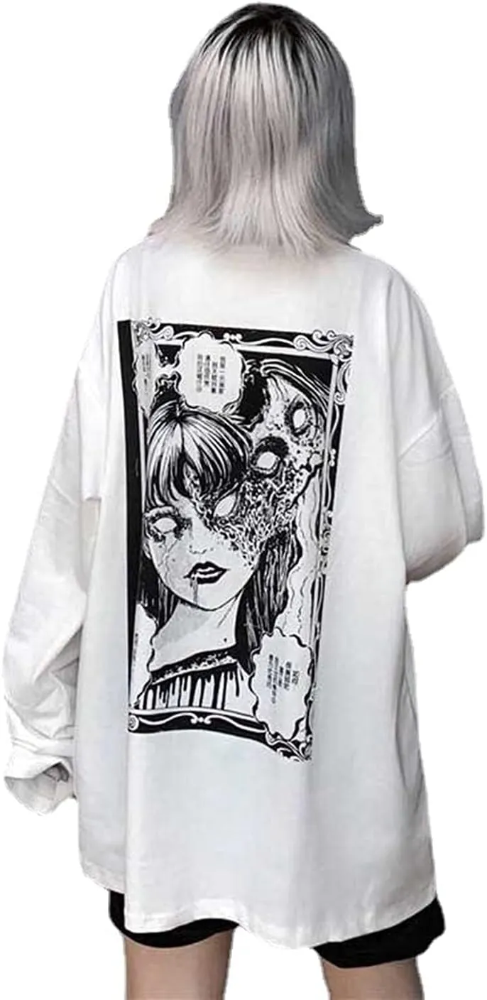 Gothic Cartoon Horror Graphic T-Shirt Women Character Print Loose Punk Japanese Pullover Top Harajuku Street Tees 