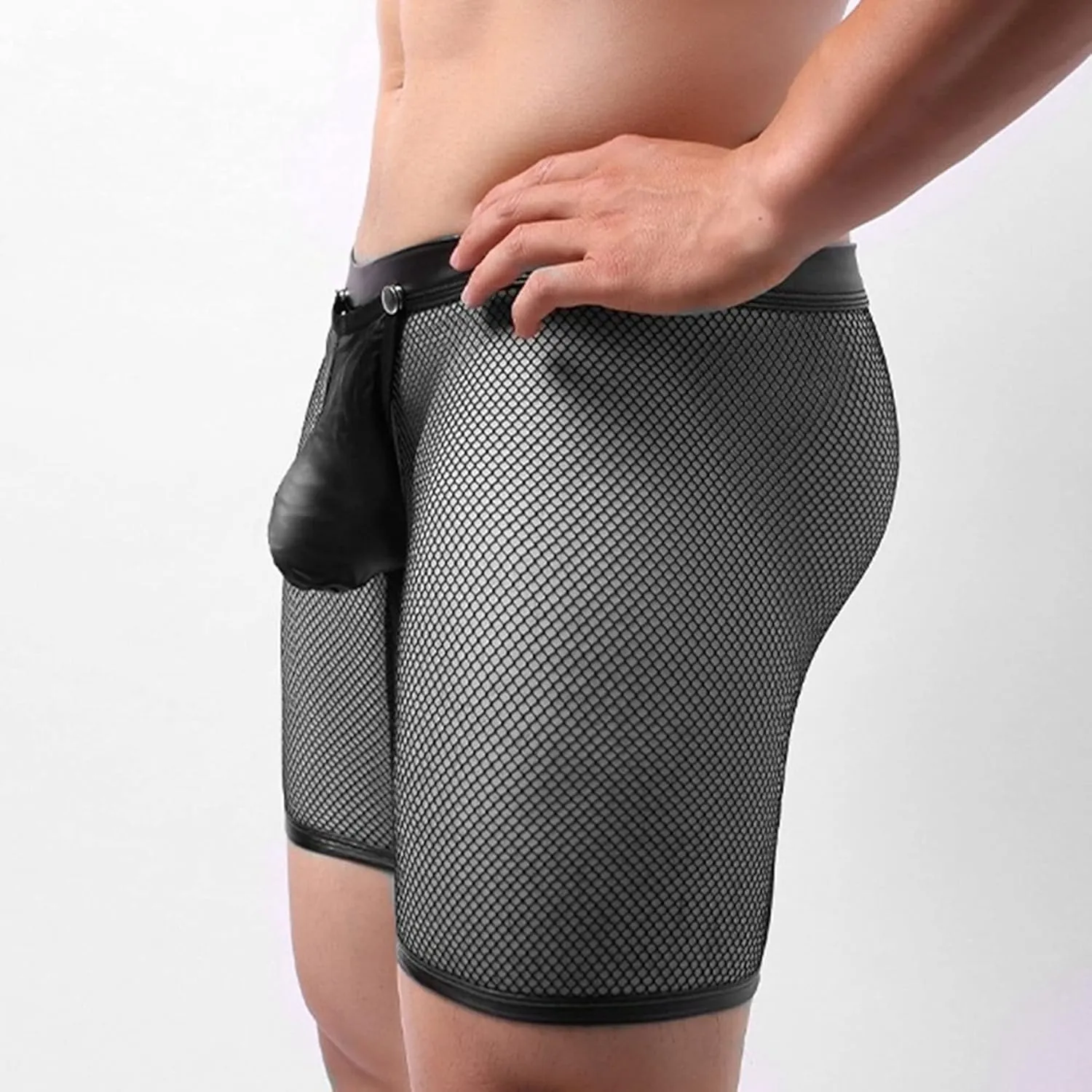 JEsilunmaMY Men's Mesh Leather Pouch Underwear Sexy Low Waist Hollow Boxer Briefs See Through Breathable Shorts Trunks