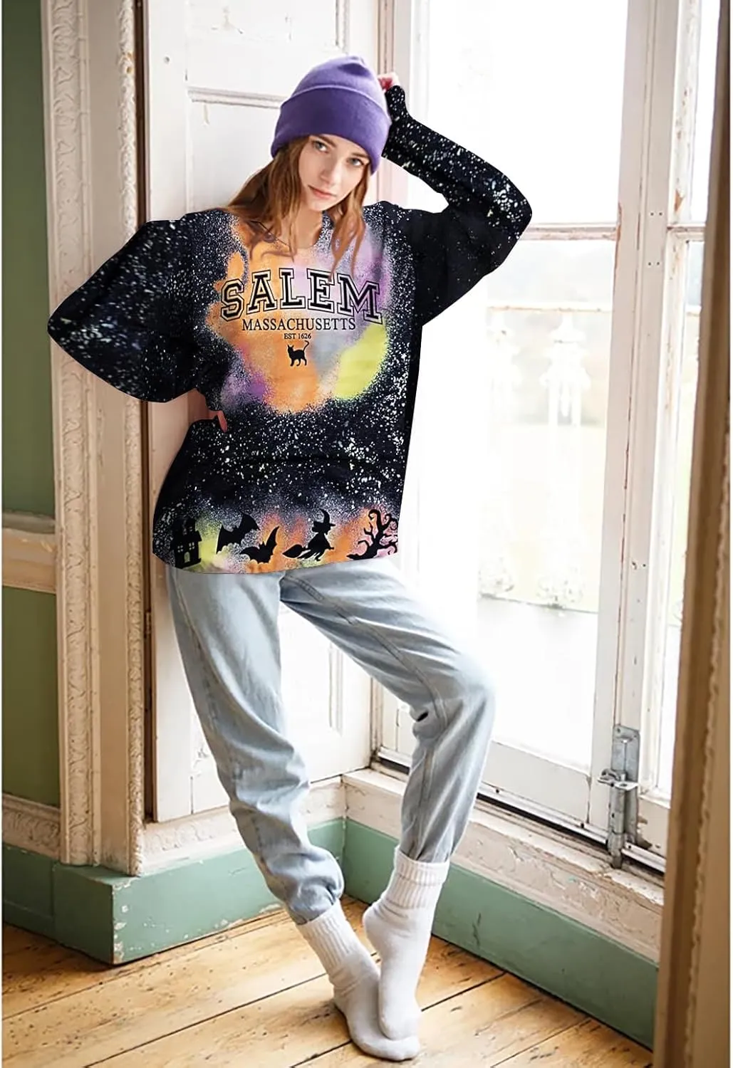 KIMSOONG Halloween Sweatshirts for Women Salem Massachusetts Shirt Fall Oversized Crewneck Sweatshirt Hocus Pocus Pullover