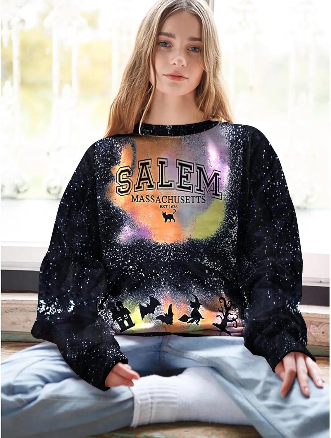 KIMSOONG Halloween Sweatshirts for Women Salem Massachusetts Shirt Fall Oversized Crewneck Sweatshirt Hocus Pocus Pullover