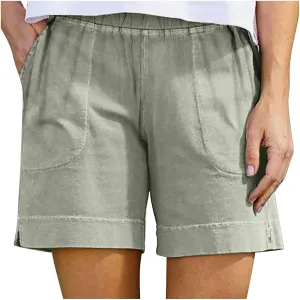 Linen Shorts for Women Summer Elastic High Waist Pant Beach Lounge Short Pants Vacation Outfits with Pockets