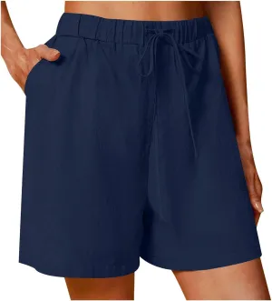 Linen Shorts for Women Summer Elastic High Waist Pant Beach Lounge Short Pants Vacation Outfits with Pockets