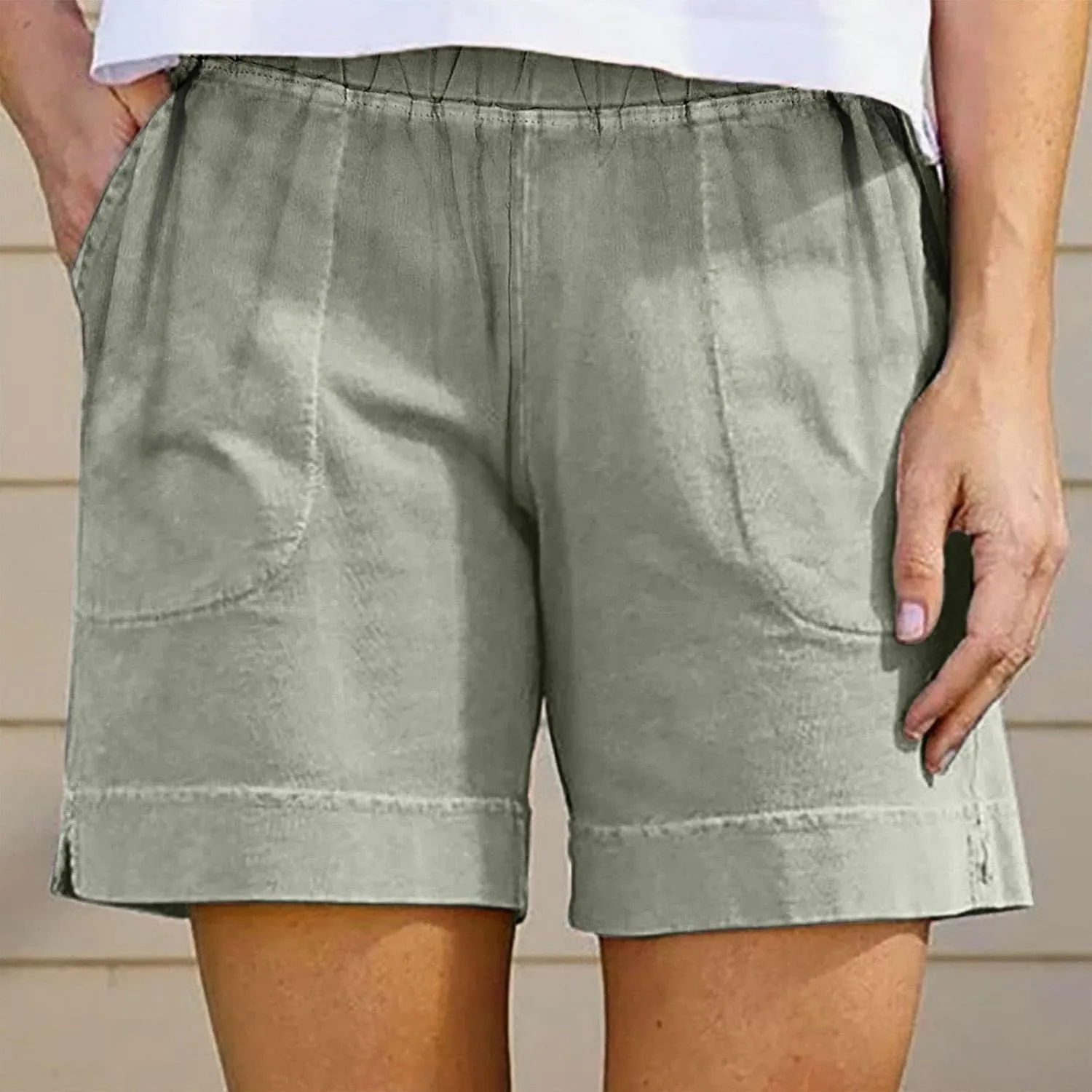 Linen Shorts for Women Summer Elastic High Waist Pant Beach Lounge Short Pants Vacation Outfits with Pockets