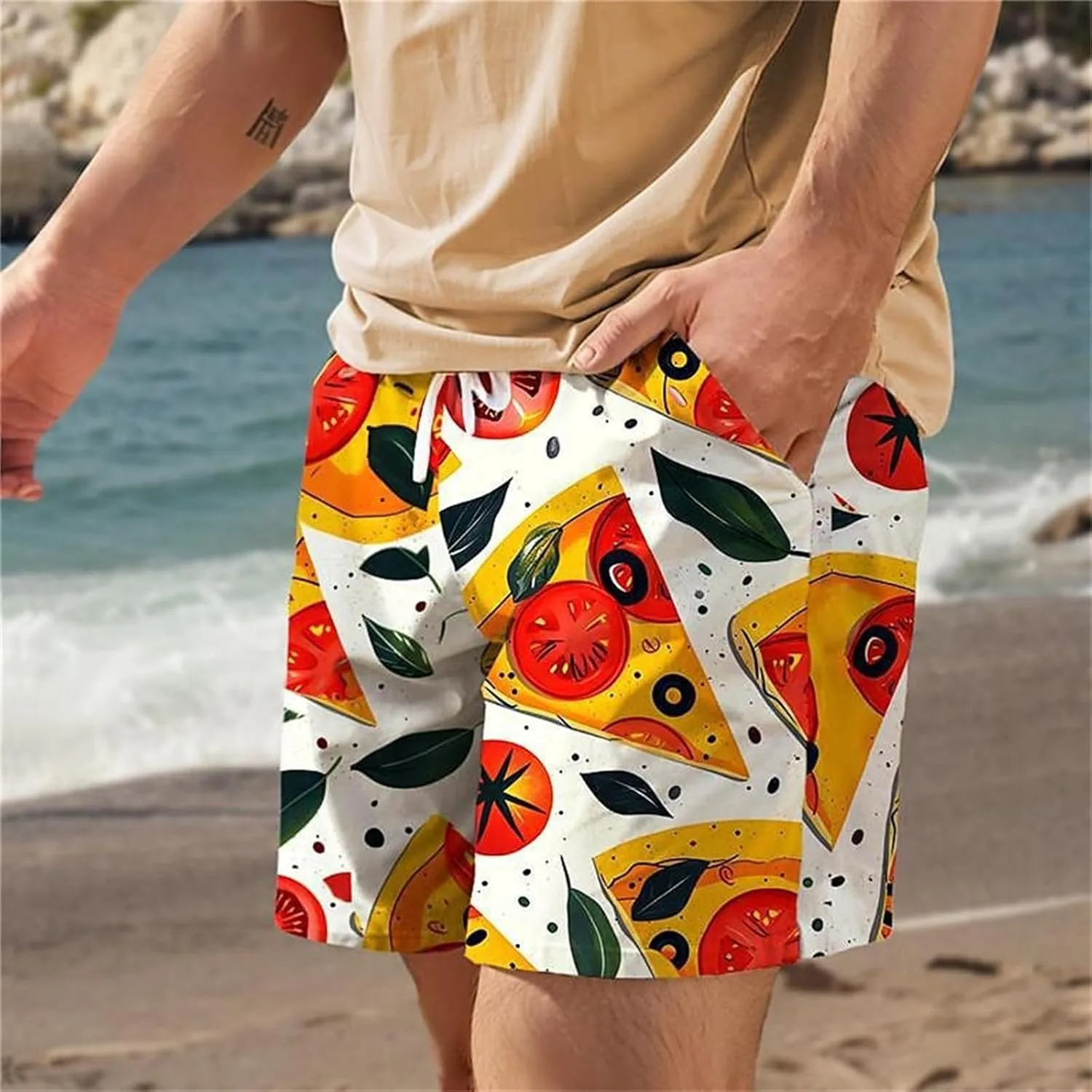 Men Bathing Suit Printed Beach Short Casual Loose Fashion Shorts Loose Tether Pocket Men's Casual Stretch Cargo