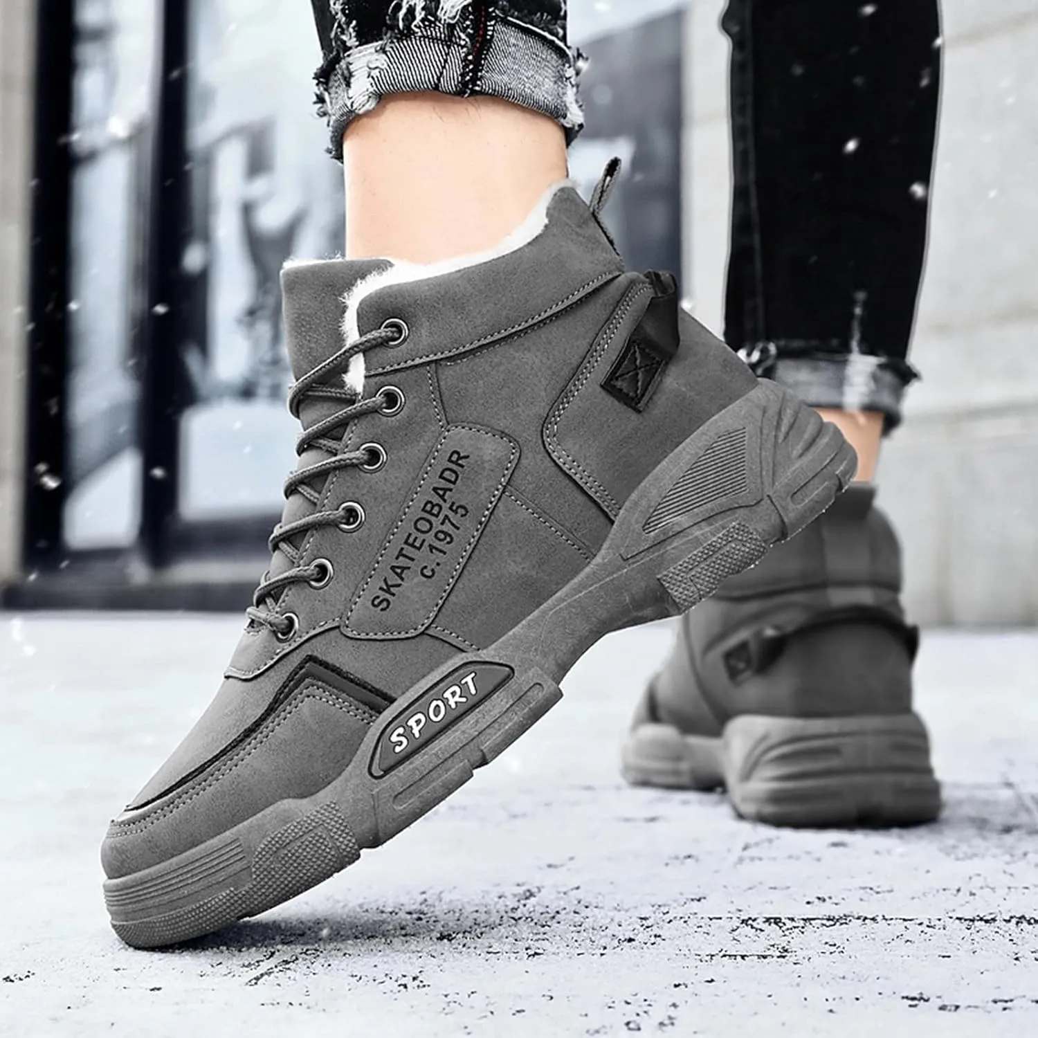 Men Work Boots Non Steel Toe Hiking Sneakers with Warm Fur Lining Women's Working Shoes Wide Width Mid Waterproof Outdoor Botas Lightweight Hike Grounded Footwear