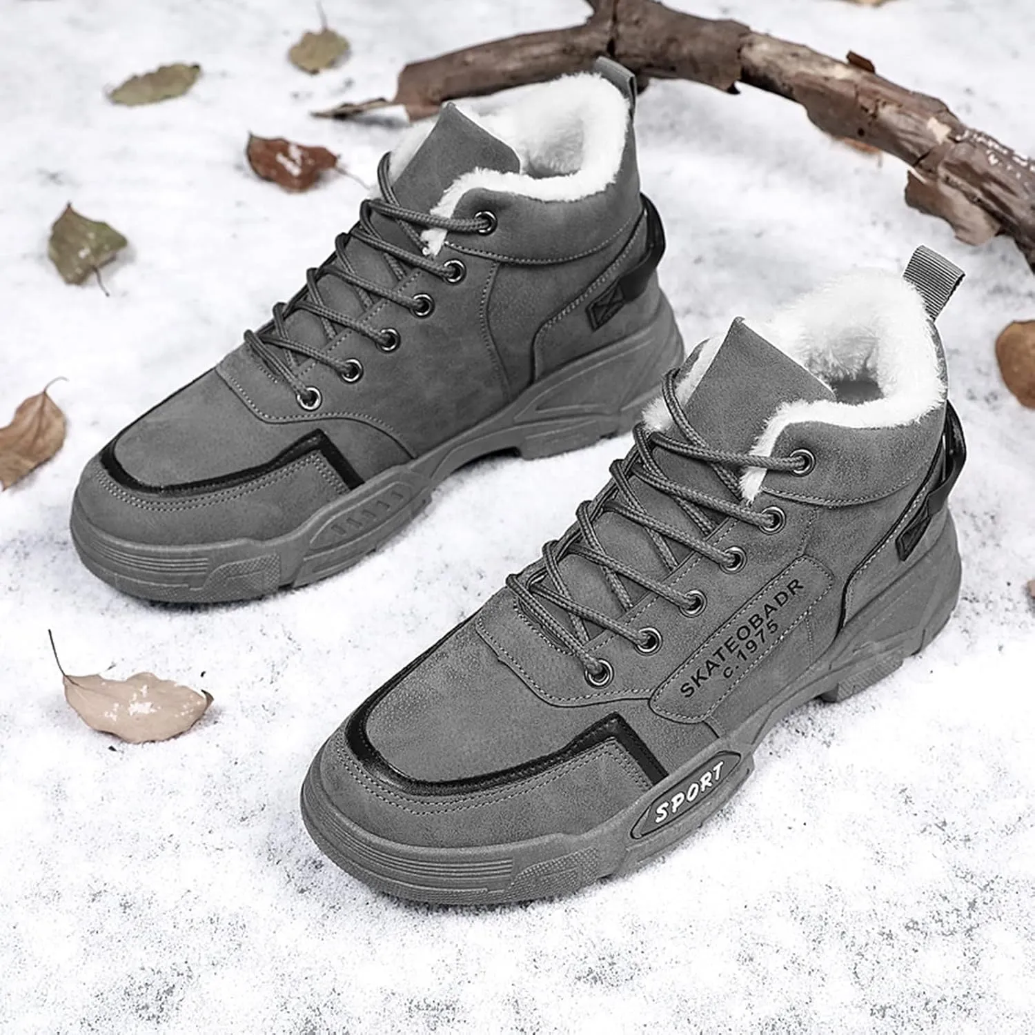 Men Work Boots Non Steel Toe Hiking Sneakers with Warm Fur Lining Women's Working Shoes Wide Width Mid Waterproof Outdoor Botas Lightweight Hike Grounded Footwear
