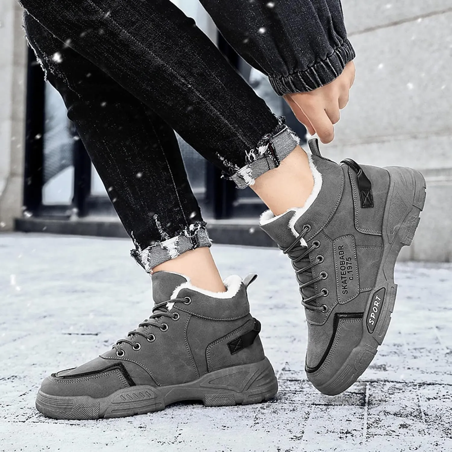 Men Work Boots Non Steel Toe Hiking Sneakers with Warm Fur Lining Women's Working Shoes Wide Width Mid Waterproof Outdoor Botas Lightweight Hike Grounded Footwear