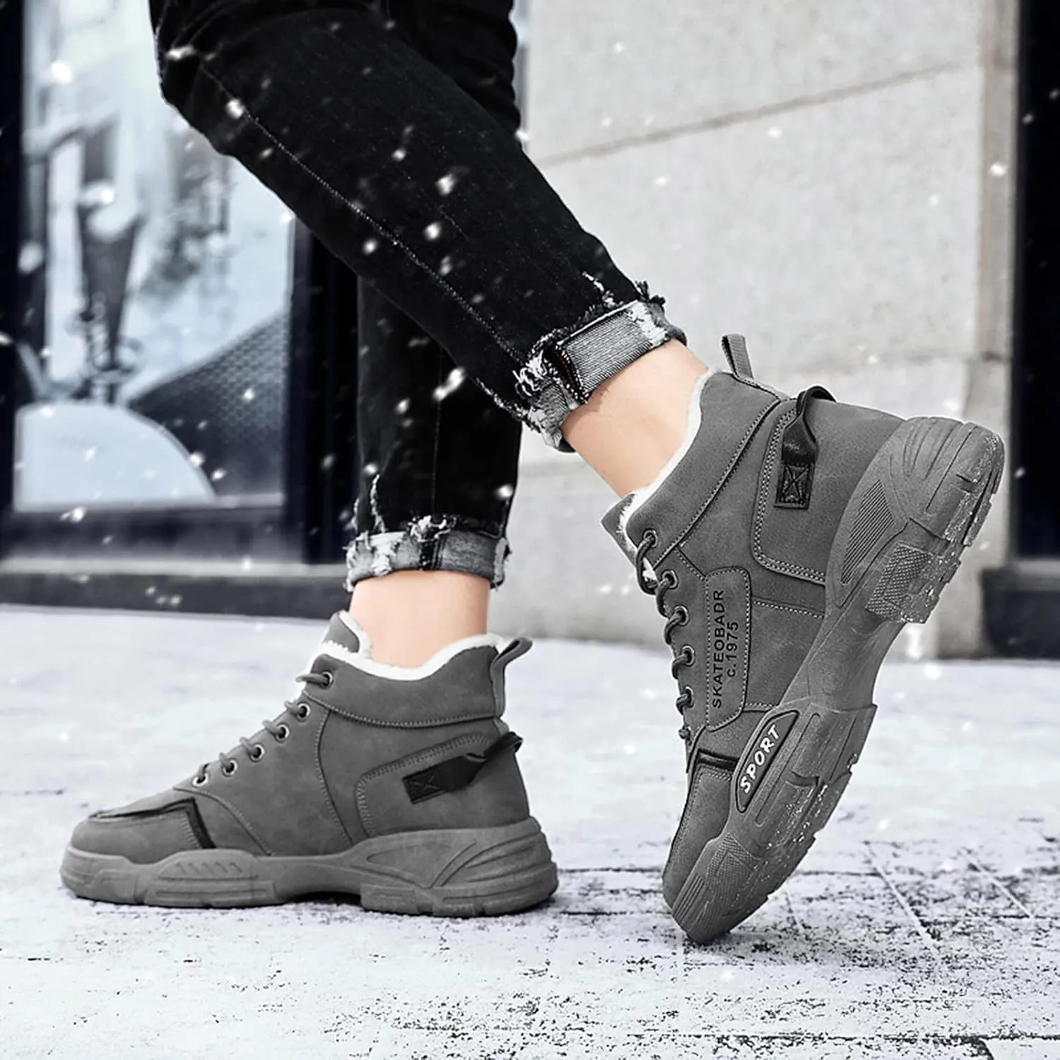 Men Work Boots Non Steel Toe Hiking Sneakers with Warm Fur Lining Women's Working Shoes Wide Width Mid Waterproof Outdoor Botas Lightweight Hike Grounded Footwear